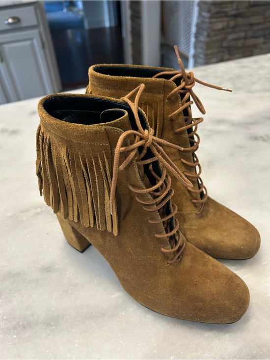 Saint Laurent Shoes - Saint Laurent Brown Suede Lace-Up Ankle  Boots with Fringe